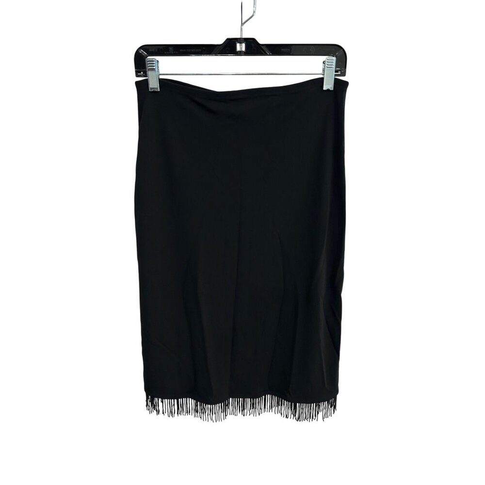 Carole Little Black Fringe Hem Pencil Skirt Size M Western Boho Quiet Luxury